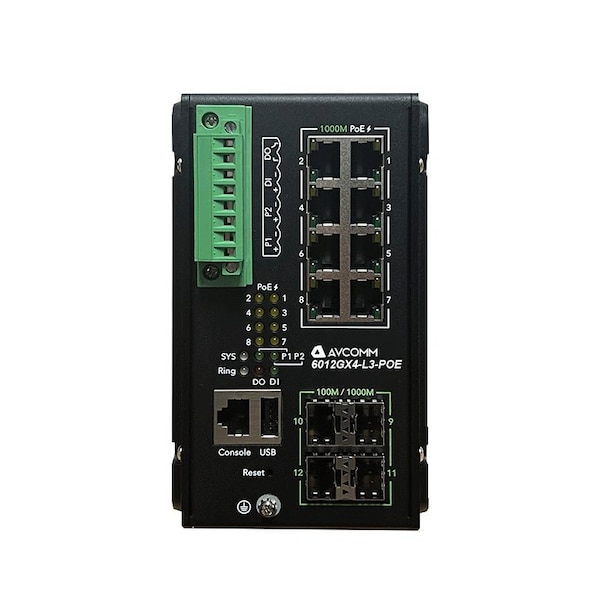 Avcomm 12-Port Layer3 Industrial POE/POE+ Switch 6012GX4-L3-POE - main